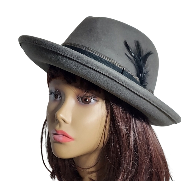 Hats in the Belfry 100% Gray Wool Fedora Black bow hatband and feather main image 4